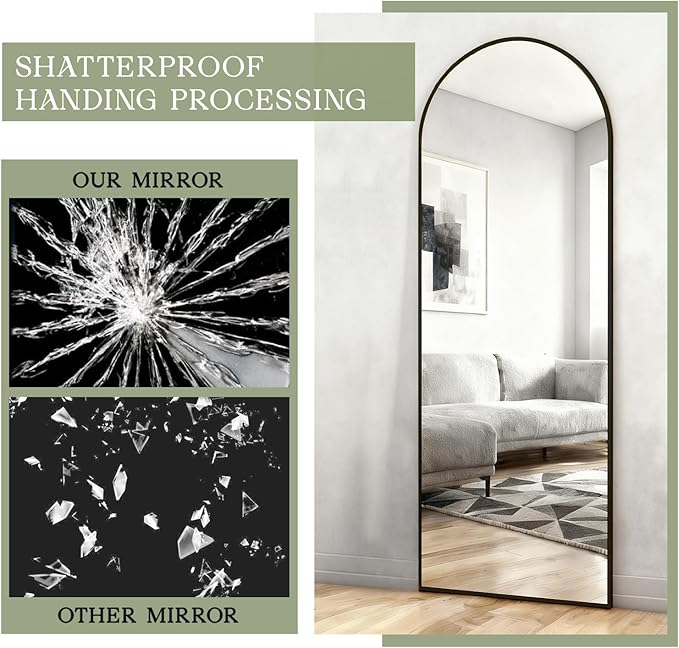 MISSDAY 64"x21" Arched Full Length Mirror, Black Full Body Mirror with Stand, Floor Mirror Long Free Standing, Leaning or Hanging, Aluminum Thin Frame Wall-Mounted Mirrors Wall Mirrors for Bedroom