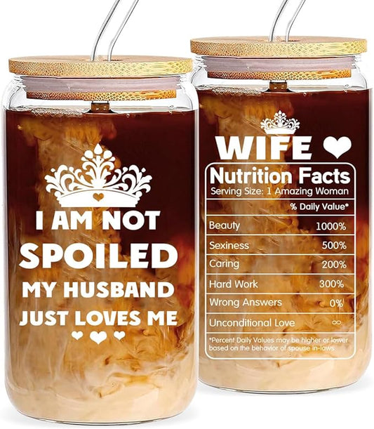 16oz Glass Cup with Lid and Straw - Perfect Wife Gifts for Anniversaries, Birthdays, or Christmas
