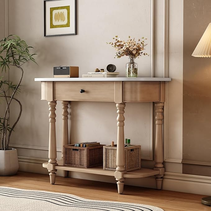 HMFULE Retro Curved Console Table, 36" Solid Wood Half Moon Console Table Sofa Table Entryway Table with 1 Drawer 1 Open Shelf Roman Legs Curved Corners for Living Room,Entryway,Hallway,White+Beige
