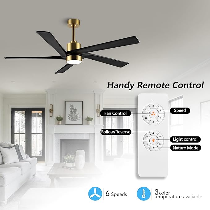 WINGBO 64 Inch DC Ceiling Fan with Lights and Remote Control, 5 Reversible Carved Wood Blades, 6-Speed Noiseless DC Motor, Modern Ceiling Fan in Brass Finish with Balck Blades, ETL Listed