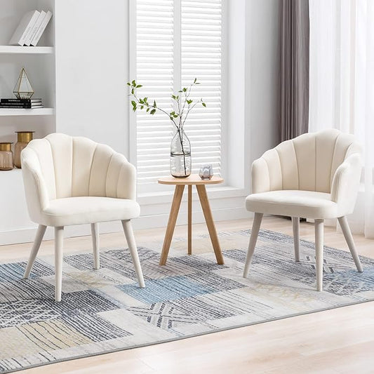 Velvet Dining Chairs Set of 2 Modern Living Room Chairs with Petal Back & Wood Legs Comfy Upholstered Side Chair for Dining Room/Bedroom/Vanity, Cream