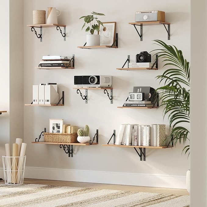DINZI LVJ Deep Floating Shelves, 16" W x 12" D Wall Shelves Set of 2, Wide Display Shelf Mounted with Brackets, Easy-to-Install Wall Bookshelf for Living Room, Bathroom, Bedroom, Rustic Brown