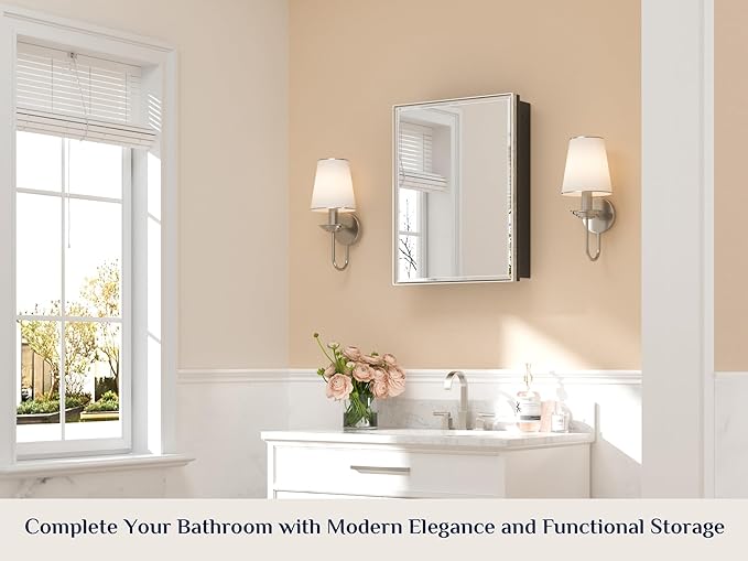 Keonjinn 20" x 26" Medicine Cabinets with Mirror for Bathroom, Brushed Nickel Recessed or Surface Wall-Mounted Aluminum Alloy Framed Beveled Mirror, Farmhouse Bathroom Mirror with Storage Cabinet