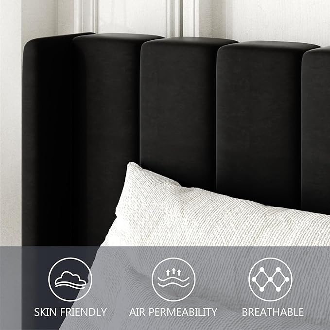 Twin Size Bed Frame with Upholstered Wingback Headboard, Easy Assemnly Platform Bed, Wooden Slat Support No Box Spring Needed, Black
