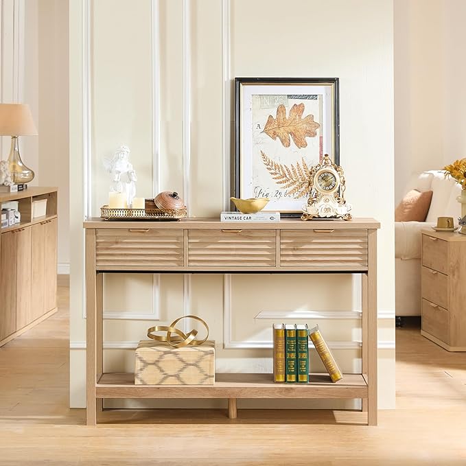 LEYAOYAO Fluted 47.2" Console Table with 3 Drawers, Modern Wood 2 Tier Entryway Table with Open Storage Shelf, Boho Sofa Entry Tables Behind Couch for Living Room, Hallway, Entrance Foyer, Natural Oak
