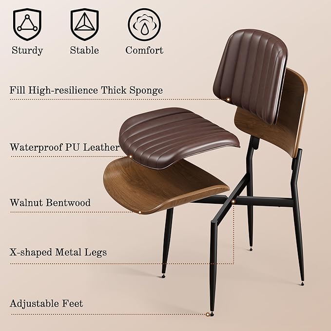 Dining Chairs Set of 2, Mid-Century Modern Upholstered PU Leather Chairs with Walnut Bentwood Back and Metal Legs Adjustable Feet for Kitchen Dining Living Room, Dark Brown Vertical Stripes