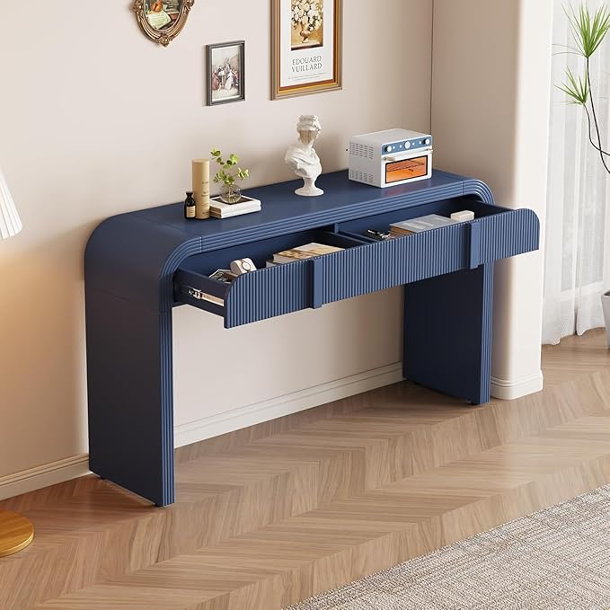 55'' Fluted Console Table with Storage Drawers, Wood Modern Curved Entryway Table with Storage for EntryWay, Hallway, Foyer (Navy Blue)