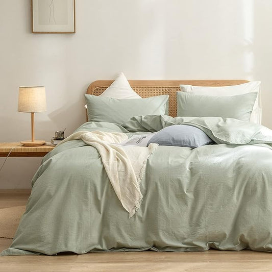 BESTOUCH Duvet Cover Set 100% Washed Cotton Linen Feel Super Soft Comfortable Chic Lightweight 3 PCs Home Bedding Set Solid Sage Green Super Queen