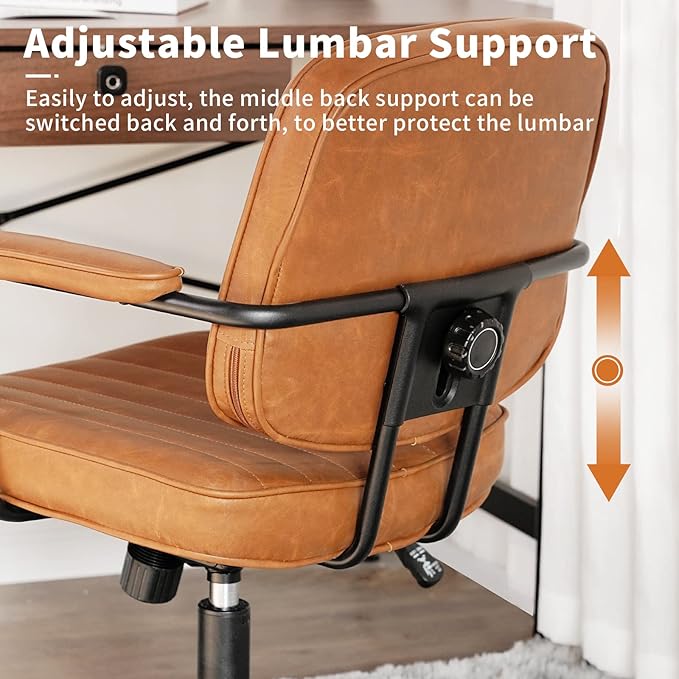Artswish Mid Century Office Chair - Leather Desk Chair with Wheels, Arms, Swivel & Height Adjustable Ergonomic Computer Chair for Home Office, Brown