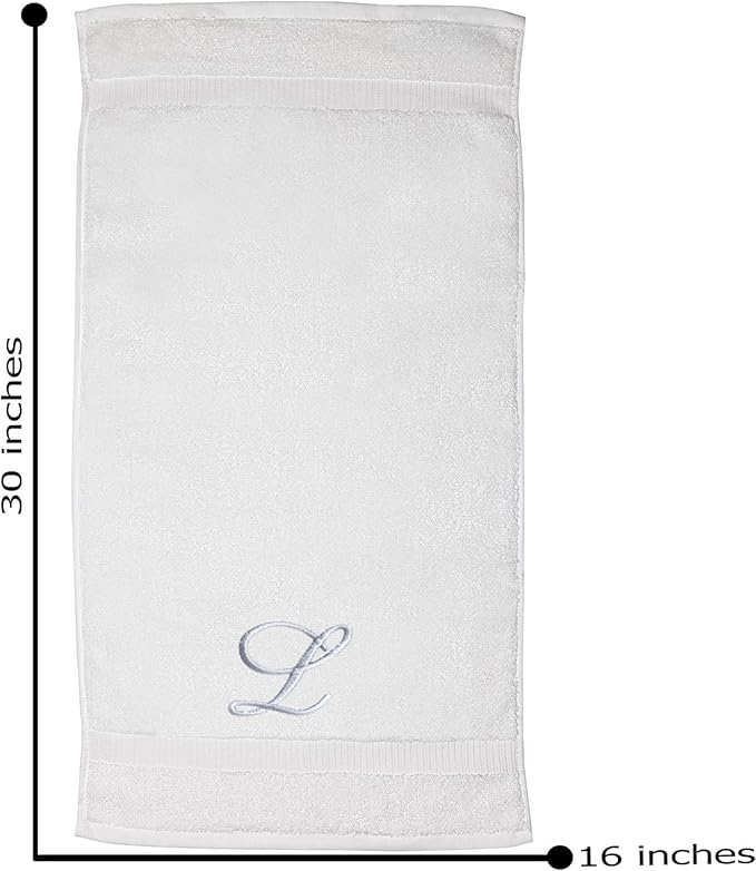 White Monogrammed Hand Towels for Bathroom - Luxury Hotel Quality Personalized Initial Embroidered Towel for Powder Room, Spa - GOTS Organic Certified - Pack of 2 Silver, Letter L