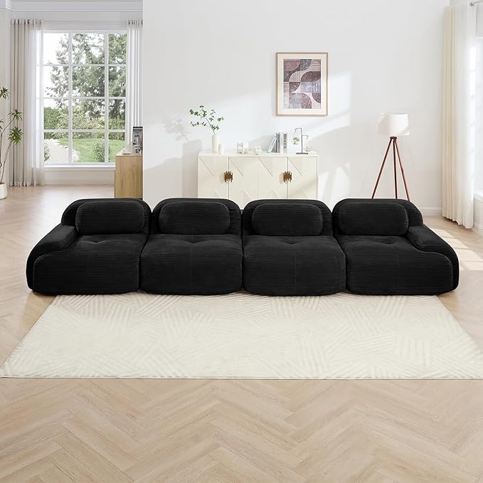 152" Modern Compressed Boneless Couch, 4 Seater Sectional Couches for Living Room, Black Corduroy Cloud Modular Sectional Sofa, Comfy Memory Foam, Extra Deep, Sofas para Sala, No Assembly
