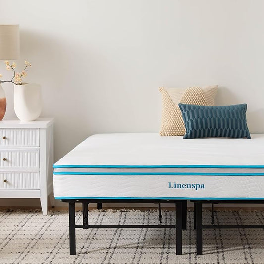 Linenspa 8” Memory Foam and Innerspring Hybrid Mattress + 14” Black Metal Platform Bedframe – Full Mattress + Metal Folding Full Bedframe