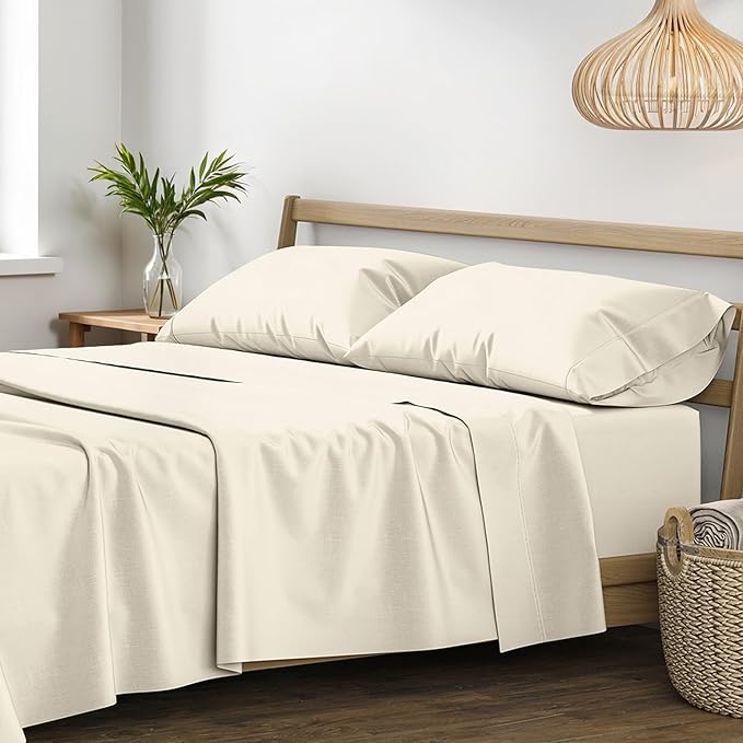 XOOX Linen 100% Egyptian Cotton Sheets California King Size - 1200 Thread Count 4 PC Cal King Sheet Egyptian Cotton, Cooling Sateen Sheet, High Thread Count Sheets California King - Ivory