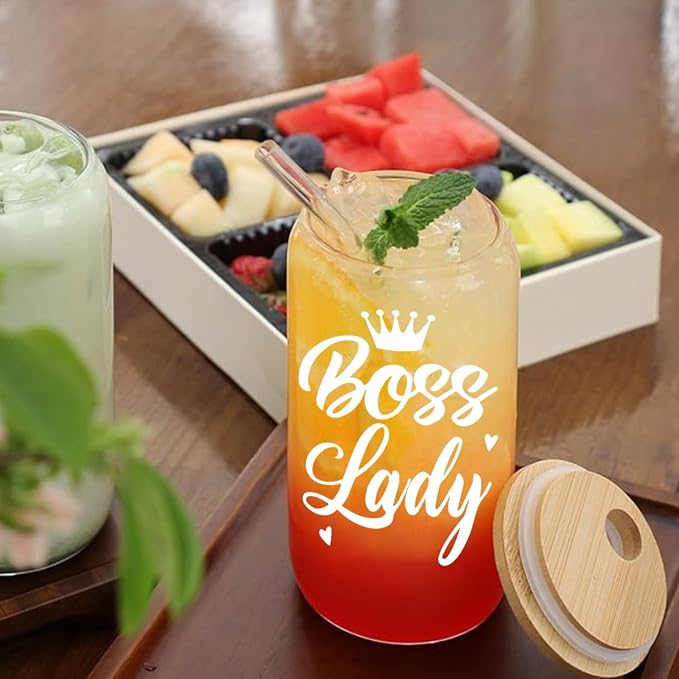 Boss Lady Gifts for Women, Gifts for Boss Female, 16oz Glass Coffee Cup, Boss lady Nutrition Cup,Thank You Appreciation Gift for Coworker Friend, Birthday Gift for Boss Lady Leader