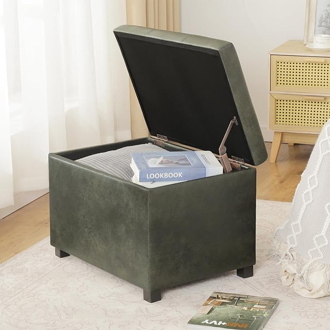 Joveco 24" Faux Suede Storage Ottoman Bench, Rectangle Foot Rest Stool for Living Room, Bedroom, Entryway, Moss Green