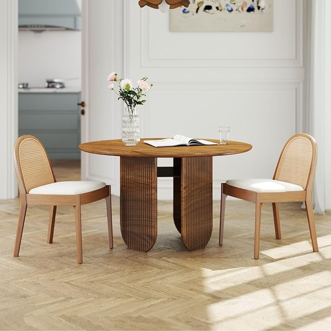 LukeAlon Modern Sherpa Dining Chairs Set of 2, Natural Woven Rattan Cane Back Side Chairs with Solid Wood Legs Mid Century Dinner Chairs for Kitchen Living Room, White