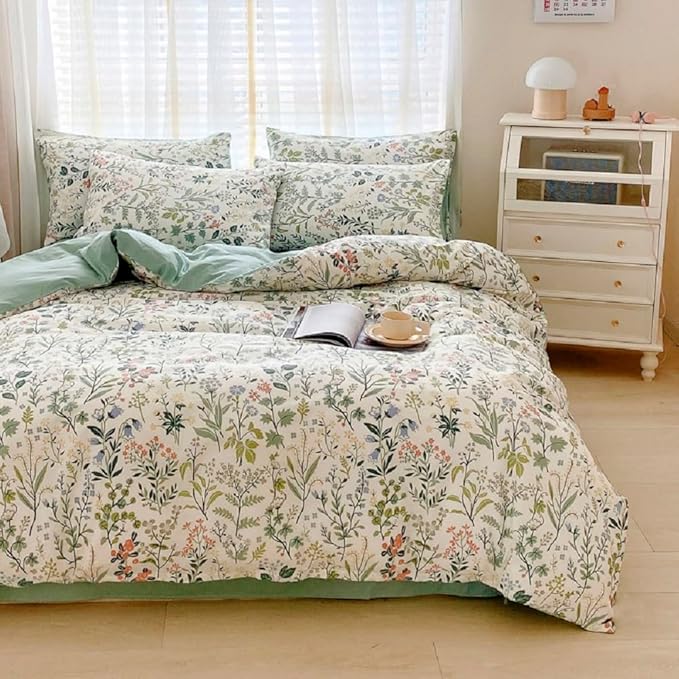 Sage Green Floral Duvet Cover Queen Size Comforter Cover Cotton Floral Cottagecore Bedding Sets Queen Vintage Boho Flower Comforter Cover Botanical Wildflower Plants Duvet Cover with 2 Pillowcases