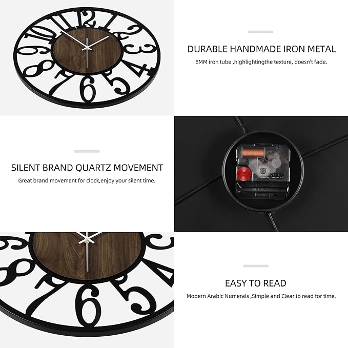 Maxstar Large Round Wall Clock for Living Room Decor Battery Operated Non Ticking Black Metal Wood Clocks for Home Living Room Garden Farmhouse Office Kitchen Decoration -32 inch