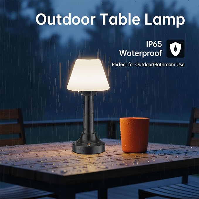 Cordless Table Lamp, Rechargeable Touch LED Lamp with 3 Color Temps & Stepless Dimming, Portable Battery Operated Light for Bathroom, Shower, Bedroom, Patio, Indoor/Outdoor Use, IP65 Waterproof