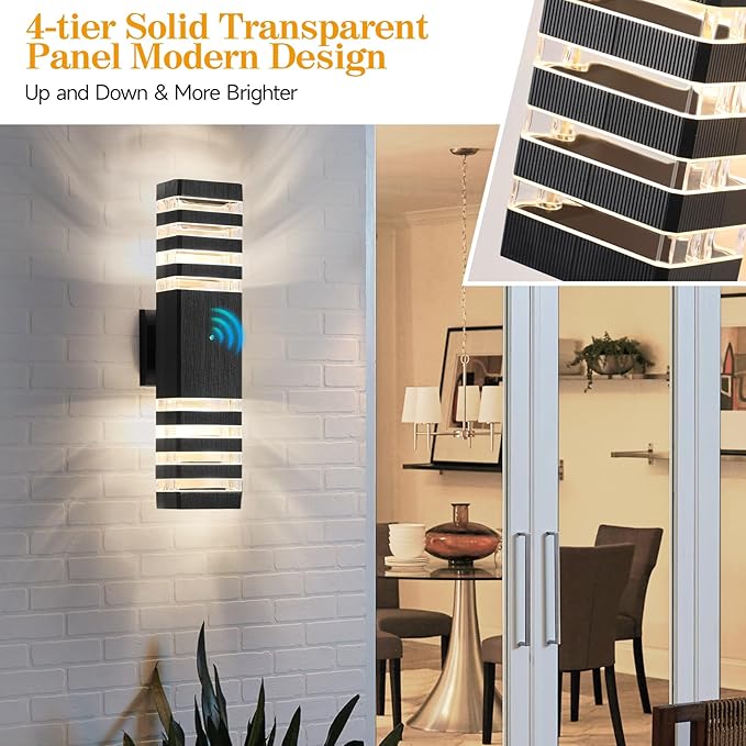 18.3 Inches Dusk to Dawn Outdoor Lighting,Up and Down Exterior Light Fixtures with 4 * 7W LED Bulbs,Waterproof Modern Long Outdoor Wall Light,Black Outdoor Porch Light for House 4 Packs