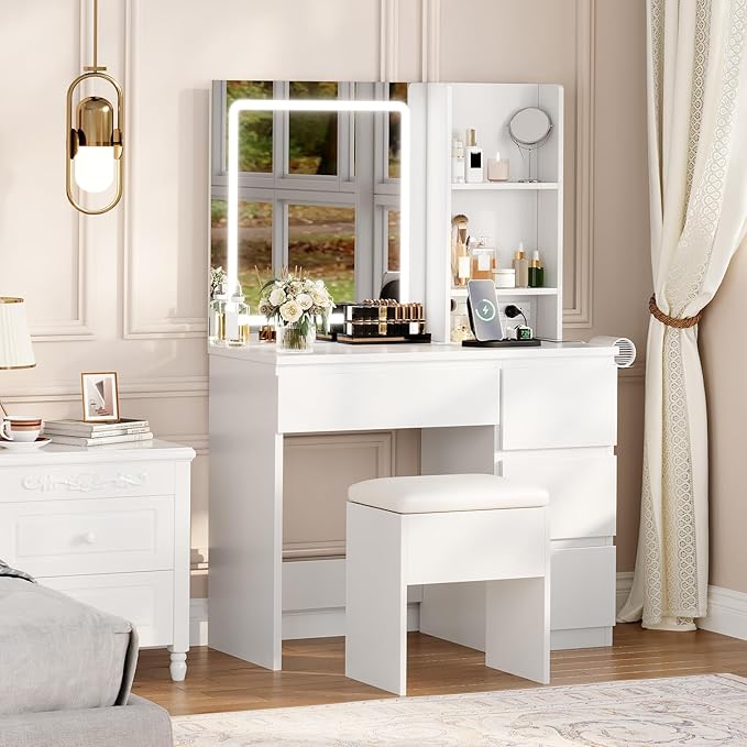 GarveeHome Vanity Desk with Mirror and Lights - Modern Makeup Dressing Table with Outlets, Storage Stool, 4 Drawers & Hair Dryer Holder - 3 Colors LED Vanity Mirror, Vanities for Bedroom, White