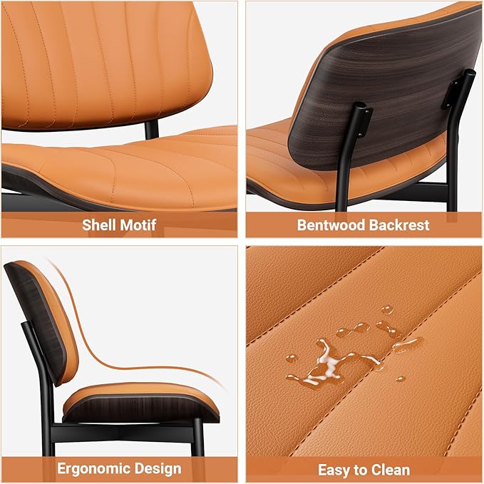 Dining Chairs Set of 8, Mid Century Modern Dining Room and Kitchen Chairs, Upholstered PU Leather Chairs with Walnut Bentwood and Metal Legs, Orange