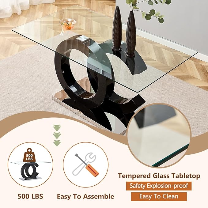 63'' Glass Dining Table Set for 6, Kitchen Table Chairs Set of 6, Clear Glass Dining Table with Black unique design Leg and Silver Metal Base, 6 PU Dining Chairs with Metal Legs, Living Room, Kitchen.