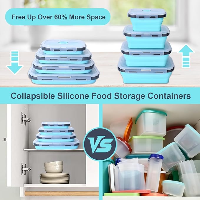 Collapsible Silicone Food Storage Containers with Lids, Collapsible Food Storage Containers, Camping Dishes, 4 Pack Foldable Lunch Box for Leftovers, Meals, Snacks, Gray