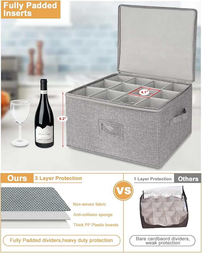 punemi Wine Glass Storage Box, Glassware Storage Containers W/Rigid Top Side Bottom Support & Padded Dividers, Stackable Stemware Storage Case for 24 China Crystal Glasses Drinkware, Moving Supplies