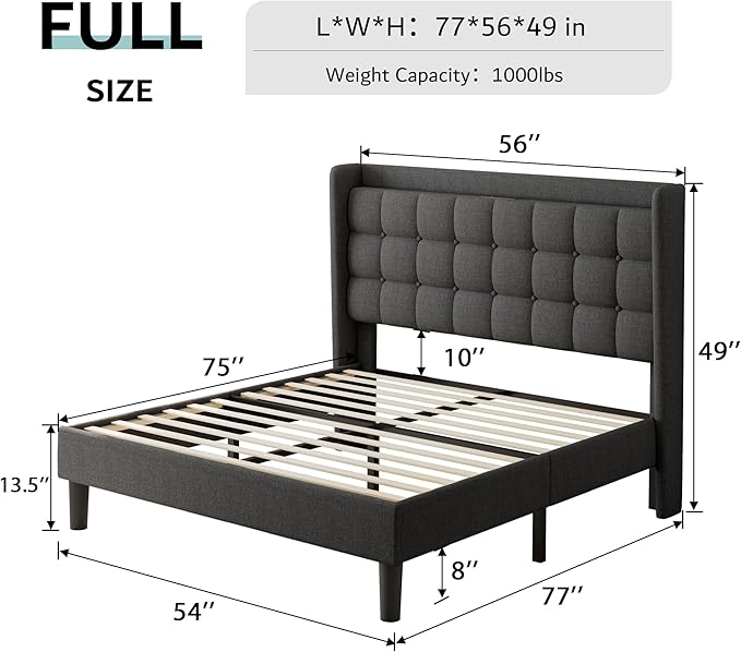 iPormis Full Size Upholstered Platform Bed, Button Tufted Wingback Bed Frame with Charging & Storage Headboard, No Box Spring Needed, Dark Gray