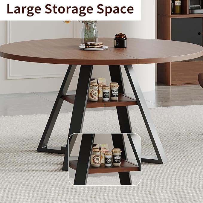 Walnut Round Dining Table Set for 4, Mid-Century Modern Kitchen Table and Chairs, Small Space Dining Room Furniture for Apartment, Breakfast Nook or Studio (Boxwood-1 Storage Table)