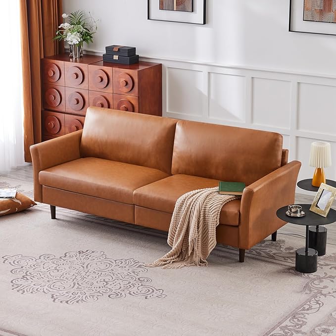 Kingfun Faux Leather 3 Seat Couch for Living Room, Mid Century Modern Sofa with Rolled Arms and Deep Seats, Fluffy Comfort for Apartment, Easy to Assemble, Chestnut