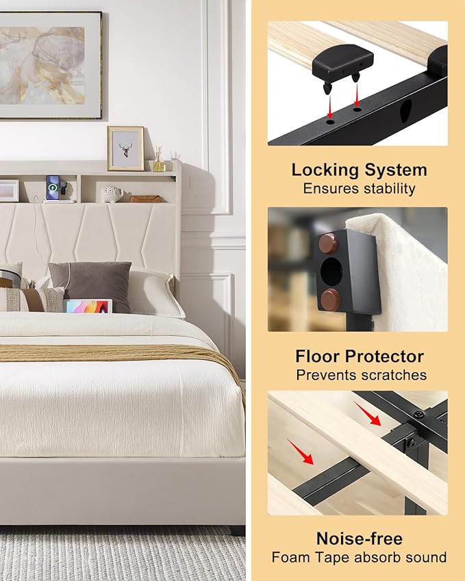 Queen Bed Frame, Velvet Upholstered LED Platform Bed with Headboard Storage, Queen Bed Built-in Charging Station with 4 Drawers, Wood Slat Support, No Box Spring Needed, Beige