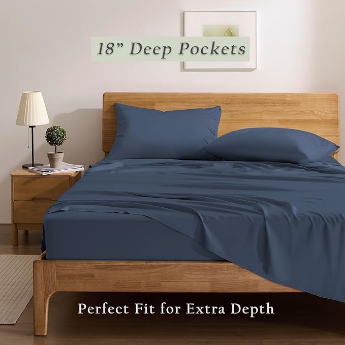 TOSMO Luxury Cooling Sheet Set - 100% Viscose from Bamboo, 3-Piece Bedding Set (Twin Size) - 18” Extra Deep Pockets, Oeko-Tex Certified, Silky Soft and Breathable, Slate