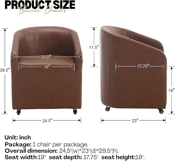 Set of 2 Modern Upholstered Dining Chairs with Swivel Casters, Faux Leather Barrel Back Accent Side Chair for Dining Room Living Room,Brown