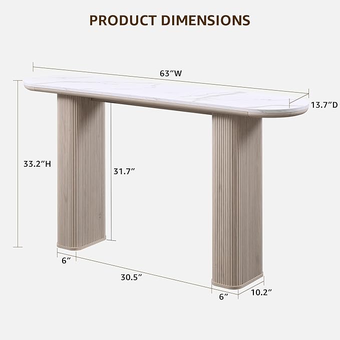 OKD 63" Modern Console Table with Arc Marble Texture Top, Fluted Wood Base, Contemporary Entryway Sofa Table for Living Room, Hallway, Foyer, White Alder