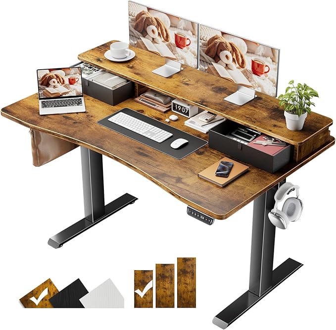 Veken 47.2"×27.6" Standing Desk with Storage Drawers, Adjustable Height Computer Table with Monitor Shelf, Home Office Desk for Study, Gaming, Workstation, Brown