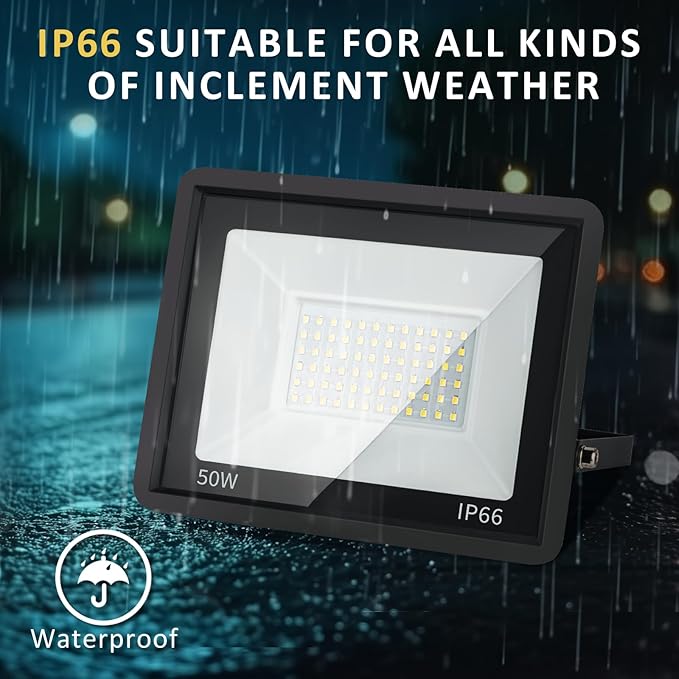 50W LED Flood Light Outdoor, 5000LM Super Bright Floodlight Outside Work Light with Plug, 6500K Daylight White LED Flood Light Outdoor, IP66 Waterproof Outdoor Flood Light-1Pack