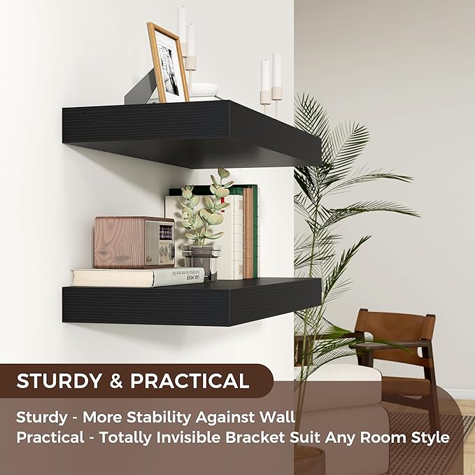 Floating Shelves for Wall, 24 Inch Wide x 12 Inch Deep Floating Shelves, Long Wood Floating Wall Shelf Shelves for Living Room Bathroom Bedroom Kitchen Home - (Black, 24" W x 12" D x 2" H)