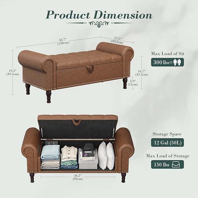 Apicizon 51” Bench with Storage, Upholstered Tufted Button Bedroom Bench with Storage, Faux Leather Ottoman Bench for Bedroom, Living Room, Entryway, Yellow Brown