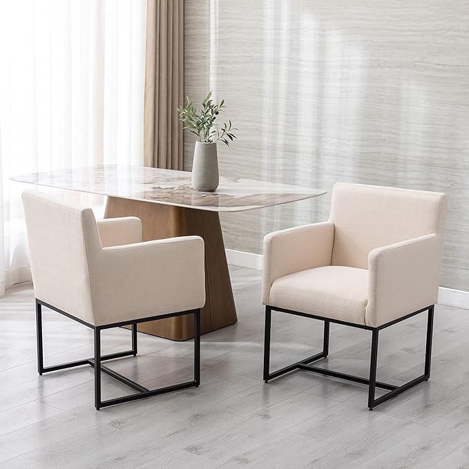 Linen Upholstered Dining Chairs with Arms Set of 4 Mid Century Modern Accent Chairs Armchairs with Black Metal Frame, Modern Kitchen & Dining Room Chairs, Cream