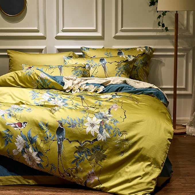LifeTB Vintage Floral Duvet Cover Set Queen 3 Pieces Birds Flowers Pattern Duvet Cover Luxury Soft Cotton Floral Comforter Cover Garden Style Bird Flowers Bedding Set Queen Size Breathable