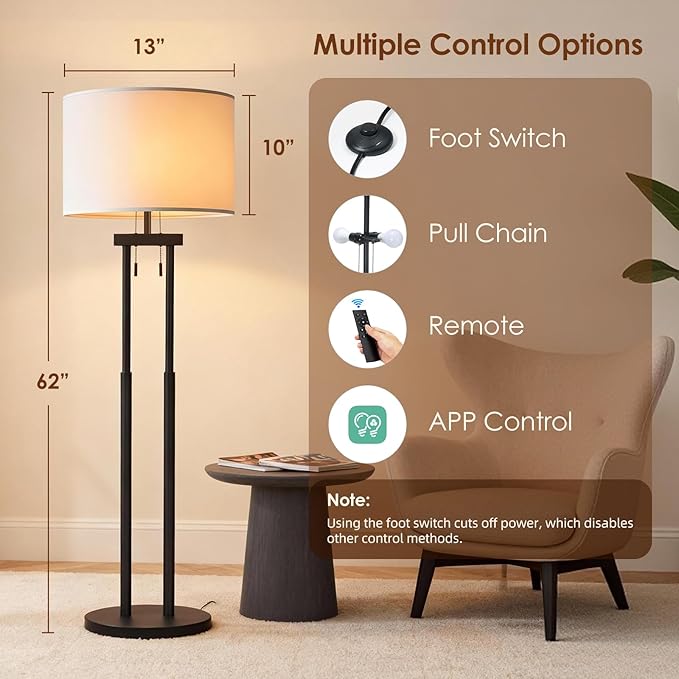 Dimmable Floor Lamps,Reading Floor Lamp, Standing Lamp, Tall Lamp, Floor Lamps for Living Room, Floor Lamp with Remote & App Control, 2 Bulbs(Included)