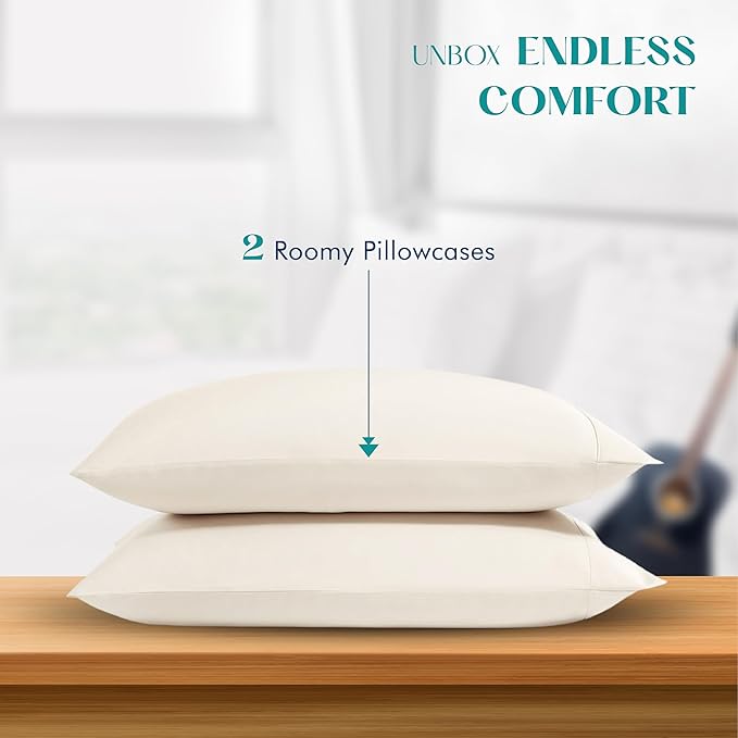 XOOX Linen 100% Egyptian Cotton Pillow Cases Standard/Queen Size Set of 2 - Luxury 1200 Thread Count Sateen Ivory Pillow Cases, Silky Soft Cooling Pillowcases Fits Standard & Queen Size Pillows