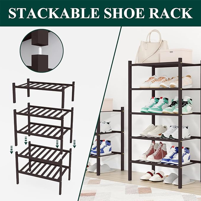 Smiry Shoe Rack, 6 Tier Small Bamboo Shoe Organizer, Stackable Free Standing Wooden Shoe Storage Shelf for Closet, Entryway, Front Door Entrance, Brown