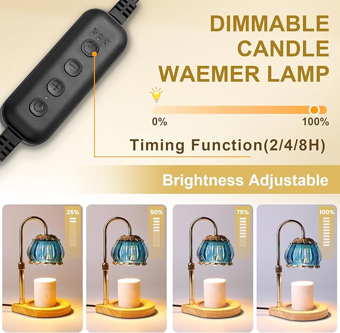 Candle Warmer Lamp with Timer, Dimmable Candle Warmer Lantern Light, Electric Glass Shade Jar Candle Warming Holders for Warming House Warming Decoration Christmas Gift for Women,Blue