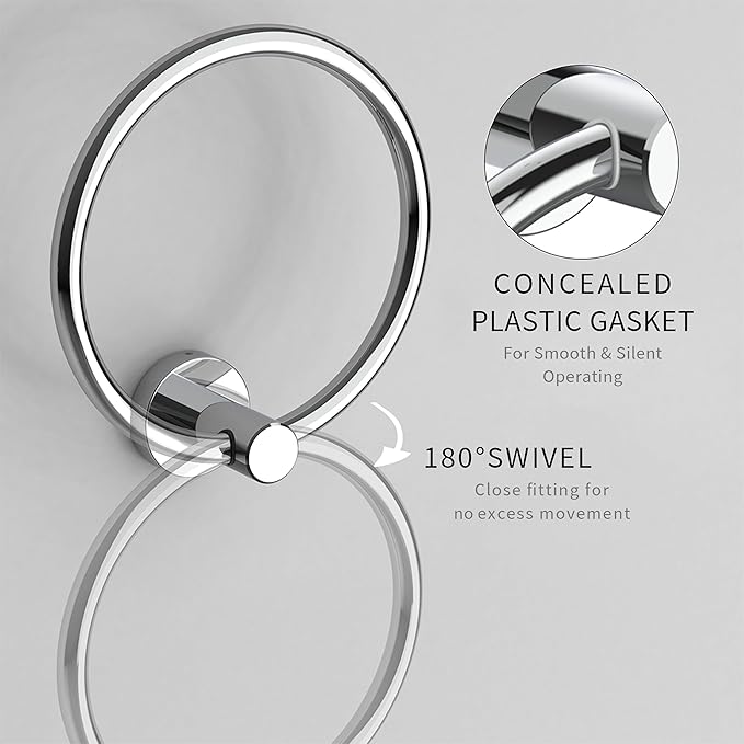 Chrome Hand Towel Holder for Bathroom (2 Pack) Kitchen Towel Ring Modern Rounded Base Wall Mount SUS304 Stainless Steel