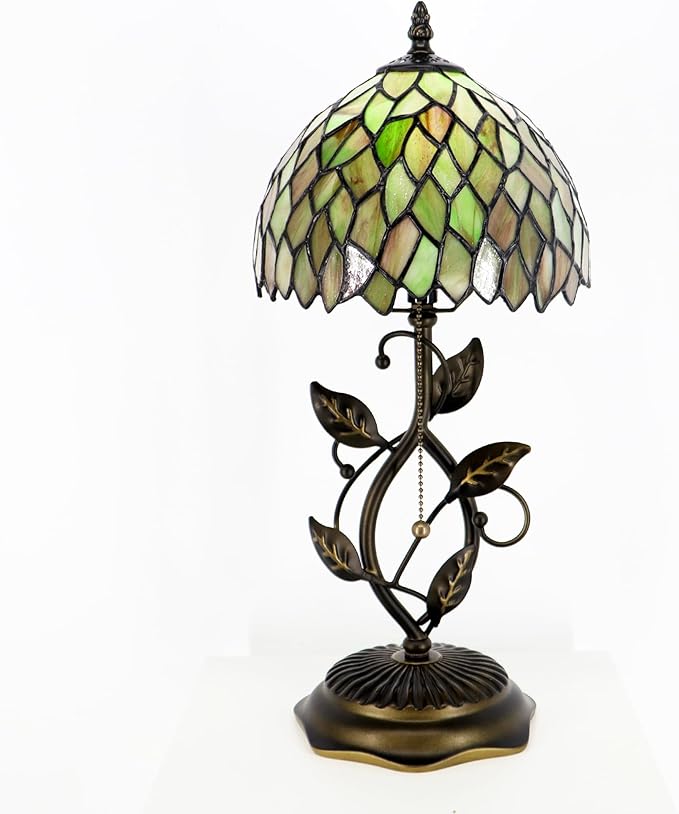 Small Tiffany Lamp Brown Green Leafage Style Stained Glass Table Lamps Desk Bedside Reading Light 8X8X18 Inches with Bronze Metal Leaf Resin Base