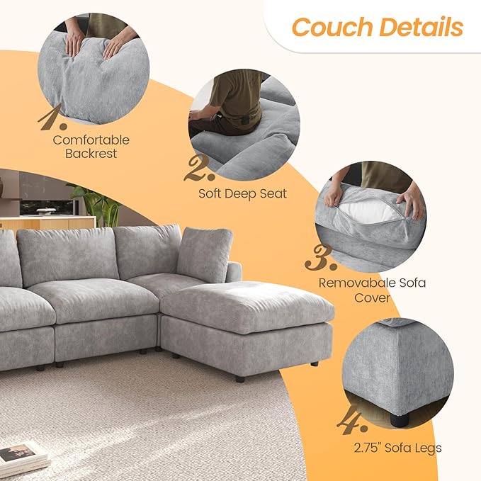JACH U Shape Sectional Couches for Living Room, Convertible Modular Sofa with Ottomans, Cloud Sectional Couch, Sofa Covers Washable, Minimalist Couch for Living Room, Apartment, Light Grey