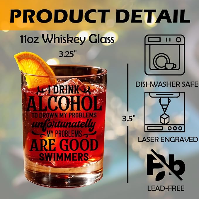 Drinking Lovers Gifts Old Fashioned Whiskey Glasses, Alcohol Lovers Gifts for Drinkers, Funny Bar Gift 10 oz Rocks Barware Cup for Cocktail Drinks Scotch Bourbon Liquor